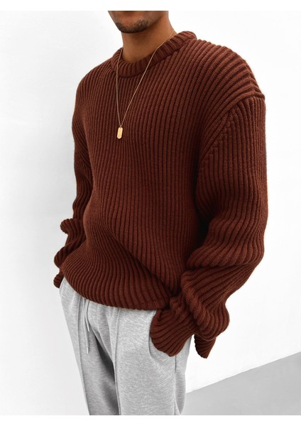 Extra Oversize Fitilli Örme Kazak Kahverengi