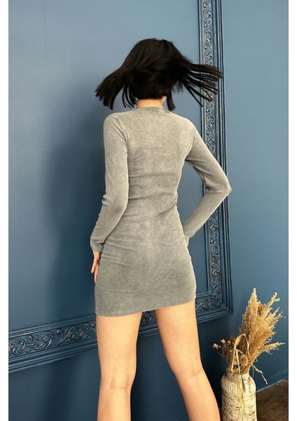 Kadın Uzun Kollu Gri Örme Mini Elbise fiyatları