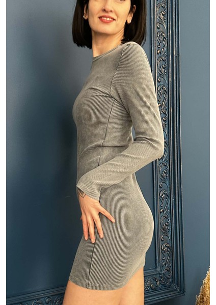 Kadın Uzun Kollu Gri Örme Mini Elbise modelleri
