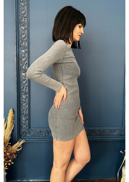 Kadın Uzun Kollu Gri Örme Mini Elbise indirimleri