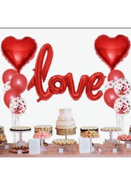 Sevgililer Günü Için Kırmızı Love El Yazısı Folyo Balon Şeffaf Balonlu Parti Seti