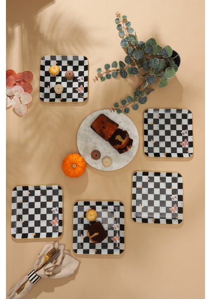 6 Lı Damalı Desen Kare Servis Tabağı 23 Cm.
