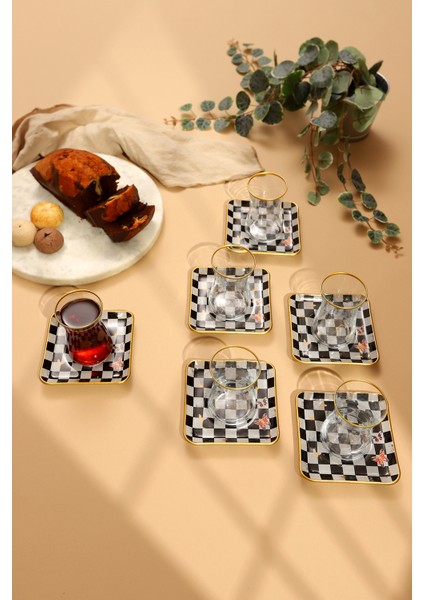 Damalı Desen Kare Çay Seti Yeni.