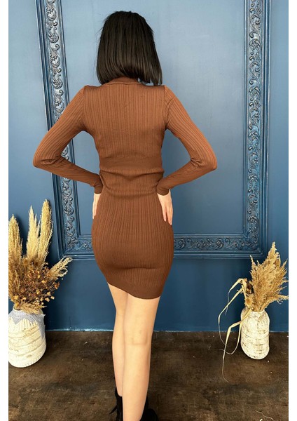 Kadın Balıkçı Yaka Kahve Örme Mini Elbise