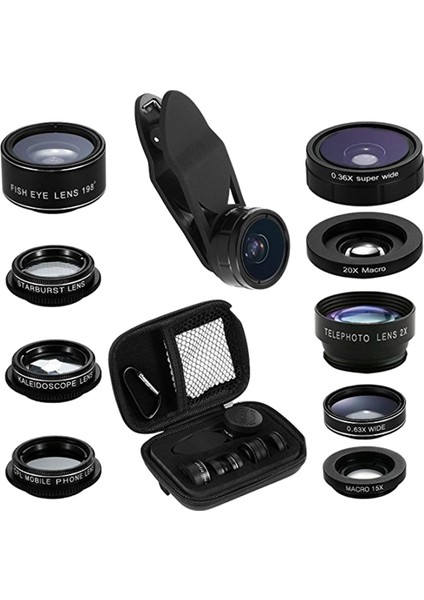 Evrensel 9 Arada 1 Telefon Kamera Lens Kiti Depolama Çantası ile 0.63X Geniş Açılı Diğer
