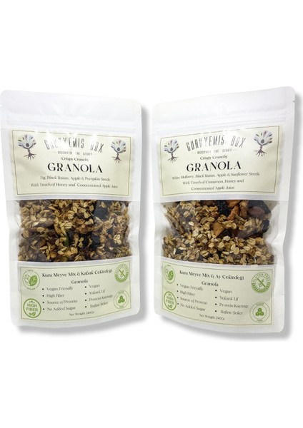 Granola Kuru Meyveli ve Çekirdekli Vegan Şekersiz Protein ve Lif Kaynağı 2 x 100 gr Kahvaltılık Gevrek Seti Sağlıklı Kahvaltı Beslenme Yüksek Lif Protein Kaynağı Vegan Şekersiz