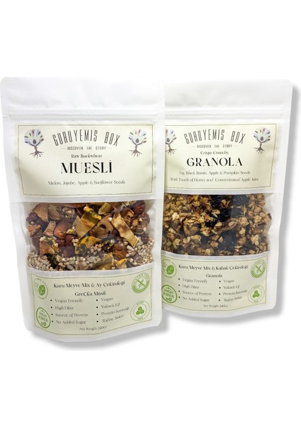 Bol Kuru Meyveli ve Çekirdekli Vegan Şekersiz Granola ve Müsli 2 x 240 gr Kahvaltılık Gevrek Seti Sağlıklı Kahvaltı Beslenme Yüksek Lif Protein Kaynağı Vegan Şekersiz