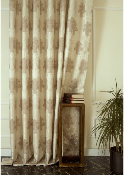 Fon Perde Klasik Damask Desen Krem-Vizon 1-2,5 Orta Sık Pile 150 x 260 cm