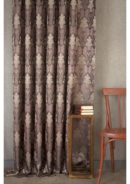 Fon Perde Klasik Damask Desen Antrasit-Mürdüm 1-2 Seyrek Pile 60 x 260 cm
