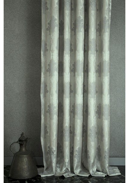 Fon Perde Klasik Damask Desen Gri Pilesiz 60 x 260 cm