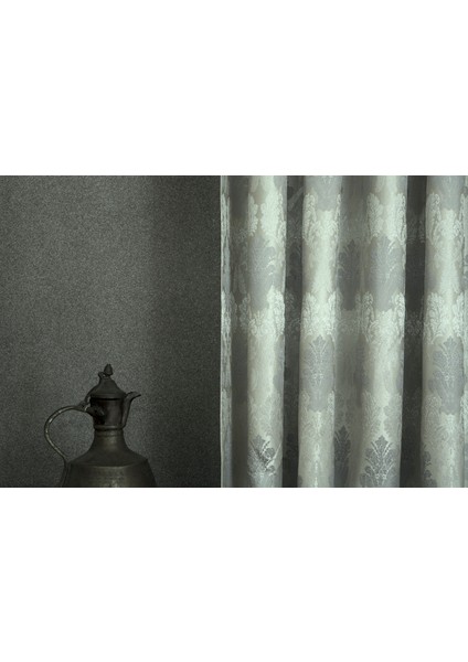 Fon Perde Klasik Damask Desen Gri Pilesiz 60 x 260 cm