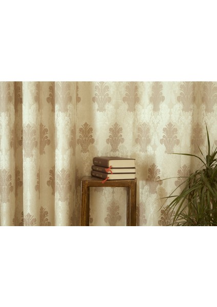 Fon Perde Klasik Damask Desen Krem-Vizon 1-2,5 Orta Sık Pile 90 x 260 cm