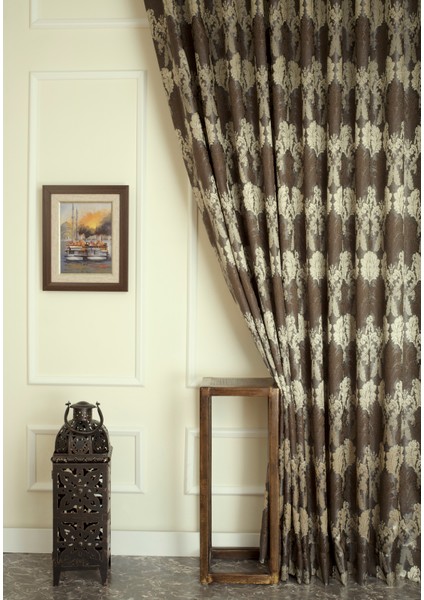 Fon Perde Klasik Damask Desen Antrasit-Gold Pilesiz 200 x 260 cm