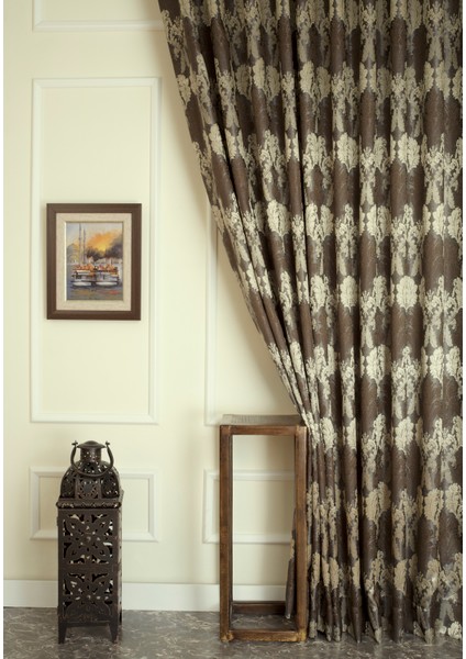 Fon Perde Klasik Damask Desen Antrasit-Gold 1-2,5 Orta Sık Pile 200 x 260 cm