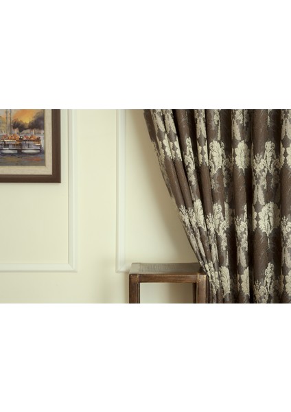 Fon Perde Klasik Damask Desen Antrasit-Gold 1-3 Sık Pile 90 x 260 cm