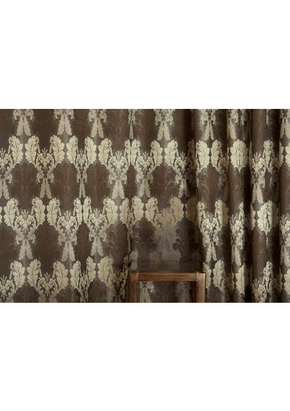 Fon Perde Klasik Damask Desen Antrasit-Gold 1-3 Sık Pile 90 x 260 cm
