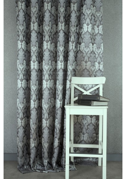Fon Perde Klasik Damask Desen Antrasit-Gümüş 1-3 Sık Pile 90 x 260 cm