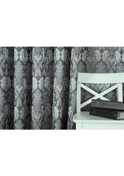 Fon Perde Klasik Damask Desen Antrasit-Gümüş 1-3 Sık Pile 90 x 260 cm