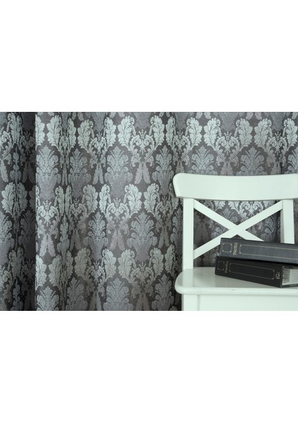 Fon Perde Klasik Damask Desen Antrasit-Gümüş 1-3 Sık Pile 90 x 260 cm