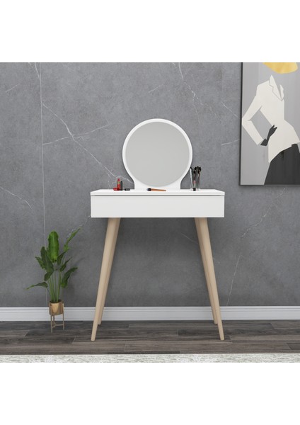 Siena Çekmeceli Ahşap Ayaklı Aynalı Makyaj Masası, Beyaz - Siena