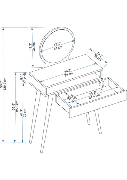 Siena Çekmeceli Ahşap Ayaklı Aynalı Makyaj Masası, Beyaz - Siena indirimleri