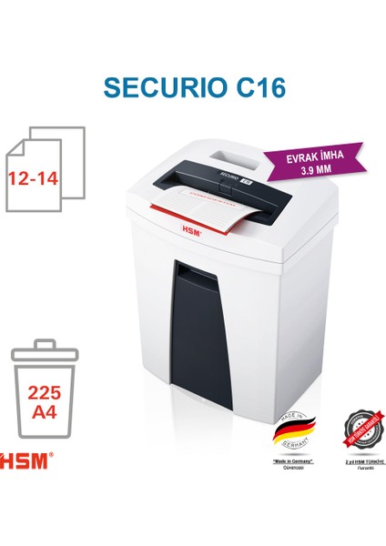 HSM SECURIO C16 - 3,9mm Şerit kesim- Evrak İmha Makinesi / Kağıt Kırpma Makinesi - 25lt