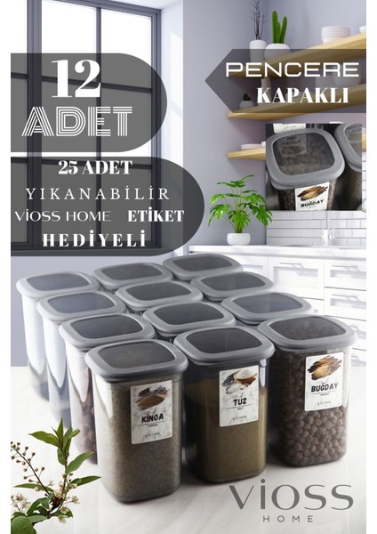 Vioss Home 12 Adet Bella Büyük Boy Erzak Saklama Kabı Seti Etiketli Antrasit - 1200 ml Süper Set