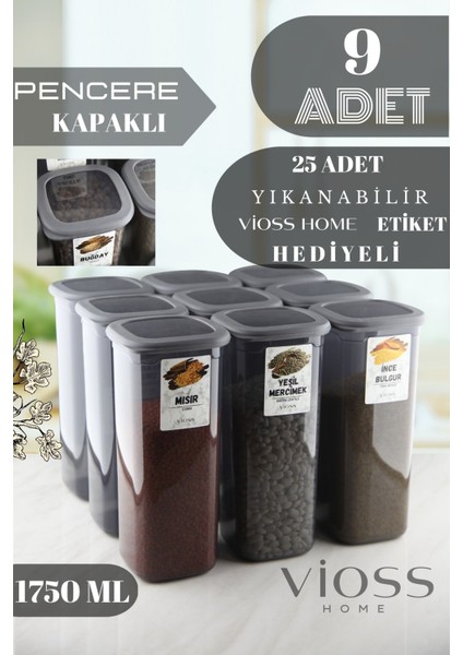 9 Adet Bella Jumbo Boy Kare Erzak Saklama Kabı Seti Etiketli Antrasit - 1750 ml Süper Set