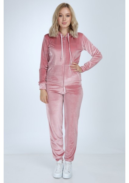 Taşsız Pembe Paça Lastik Kadife Takım modelleri