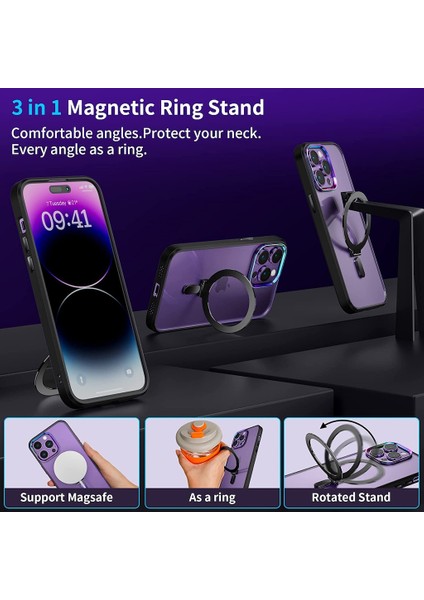 iPhone 14 Pro Kılıf Kamera Lens Çevresi Hologramlı Metalik Megsafe Halkalı 3in1 Set modelleri