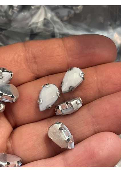 1 cm 2 mm Kristal Beyaz Kasalı Dikme Damla Taş Boncuk (50 Adet)