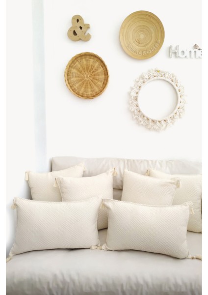 6’lı Set Kare & Dikdörtgen Handmade Elişi Natural Buldan Bezi Otantik Organik Pamuklu Püsküllü Kırlent Kılıfı