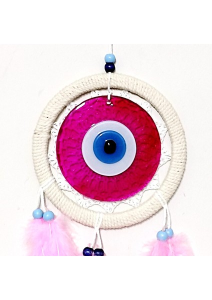 Pembe Tüylü Dream Catcher Fuşya Cam Nazar Boncuklu Düş Kapanı Duvar Süsü modelleri