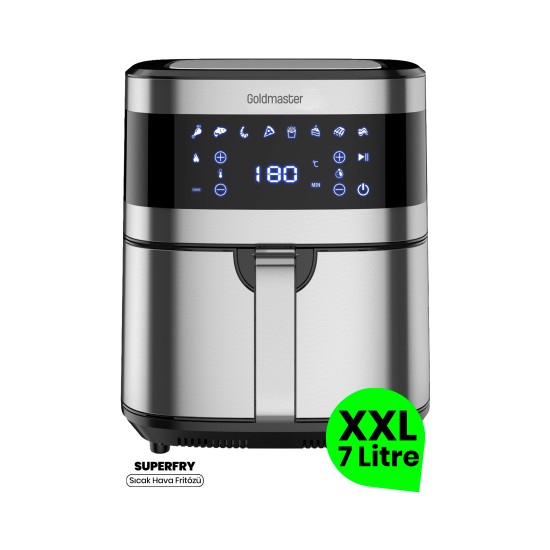 Goldmaster Superfry 7 Litre Inox Geniş Hazneli Xxl Dokunmatik 8 Ön Ayarlı Airfryer Sıcak Hava Fritözü