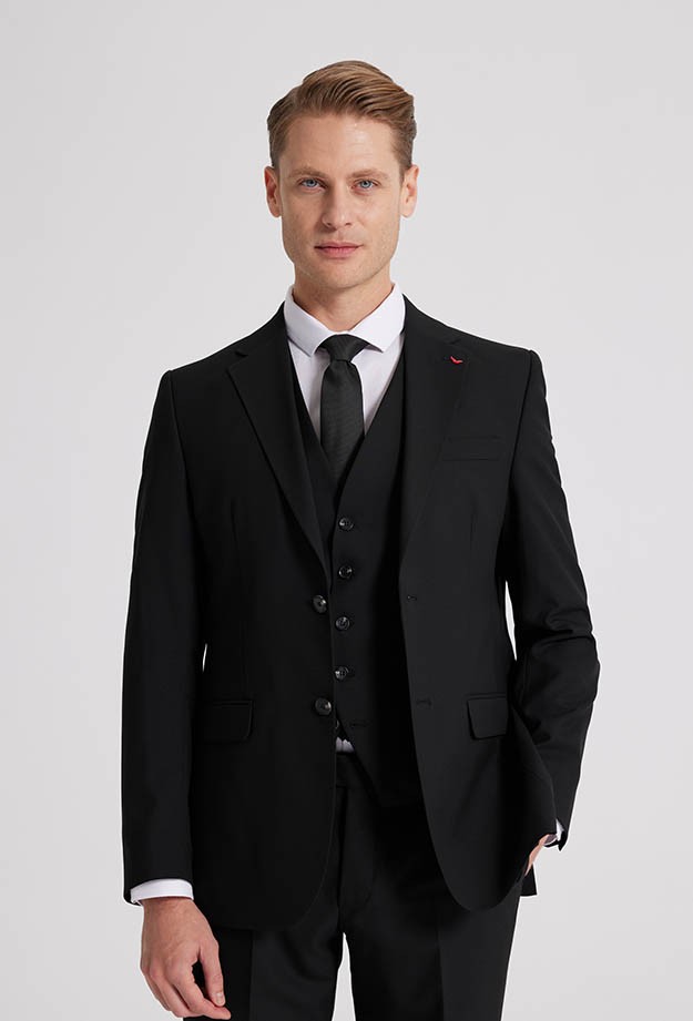 D'S Damat Slim Fit Siyah Mono Yaka Çift Yırtmaçlı Astarlı Takim Elbise Yelekli 4HFY5ORT01599