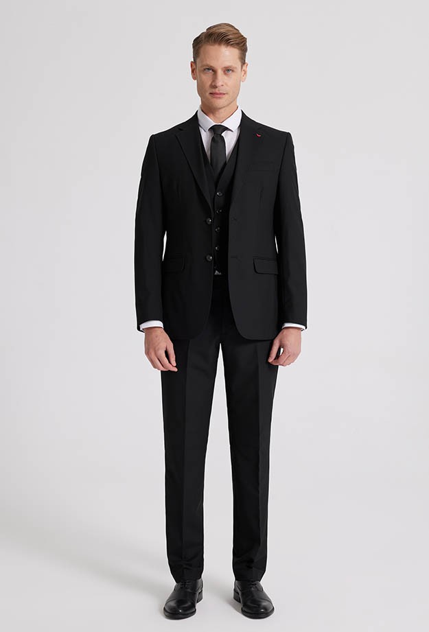 D'S Damat Slim Fit Siyah Mono Yaka Çift Yırtmaçlı Astarlı Takim Elbise Yelekli 4HFY5ORT01599 görsel 2