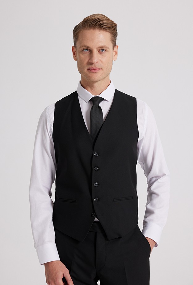 D'S Damat Slim Fit Siyah Mono Yaka Çift Yırtmaçlı Astarlı Takim Elbise Yelekli 4HFY5ORT01599 görsel 3