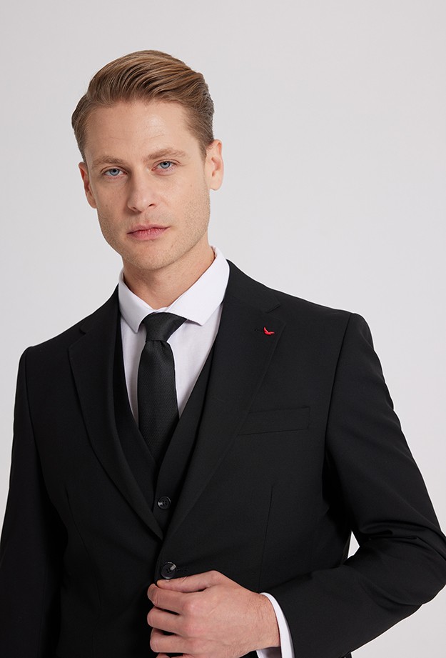 D'S Damat Slim Fit Siyah Mono Yaka Çift Yırtmaçlı Astarlı Takim Elbise Yelekli 4HFY5ORT01599 görsel 5