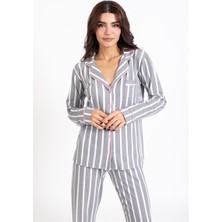 Villager & Son Vs Bayan Desenli Penye U.kol Pijama Takım Gri/beyaz Çizgili