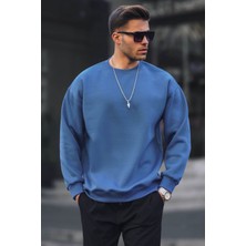 Madmext Indigo Bisiklet Yaka Oversize Şardonlu Basic Erkek Sweatshirt 6048