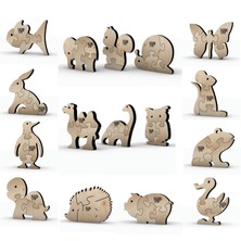 1 Fark - 4 Parçalı Eğitici Masif Ahşap Puzzle - Hayvanlar - Boya Setli