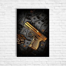 Trend Poster Siyah Gold Tabanca Retro Ahşap Poster
