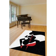 Homshtag Çello Çalan Kadın Siyah Beyaz Halı Geometrik Müzik Sever Halısı Müzisyene Hediye Halı