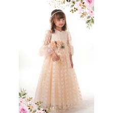 Mialora Exclusive Vintage Duvaklı Elbise, Krem Renk 3 Boyutlu Kumaş Abiye Kız Çocuk İçin