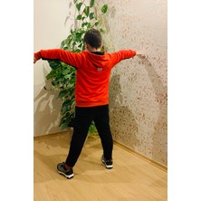 FS Erkek Çocuk Kırmızı Siyah Parçalı Fermuarlı Cepli Kapşonlu Arkası Baskılı Sweatshirt