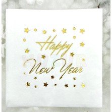 Pandoli Altın Varak Happy New Year Yazılı Tek Taraf Baskılı Yılbaşı Peçetesi 16 Adet Beyaz Renk