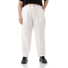 Disentis Modest Büyük Beden Önü Pileli Cepli Süs Patlı Keten Beyaz Pantolon