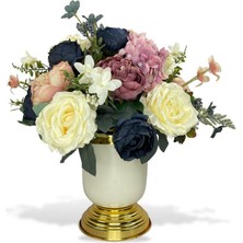 Nettenevime Yapay Çiçek Aranjmanı Metal Gold-Krem Vazolu Nişan Çiçeği Isteme Çiçeği Masa Üstü Çiçeği Arajman