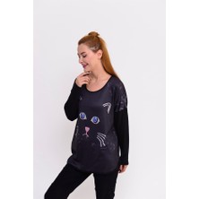 Park Moda Kadın Kedili Siyah Bluz