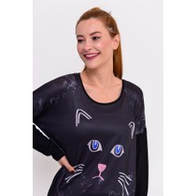 Park Moda Kadın Kedili Siyah Bluz